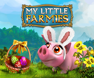 My Little Farmies Event Teaser Grafik zu Ostern. Ein Schwein schaut zufrieden und hat einen Haarreif mit Hasenohren auf dem Kopf. Es steht auf einer blumigen grünen Wiese neben einem Korb voller bunt bemalten Ostereier.